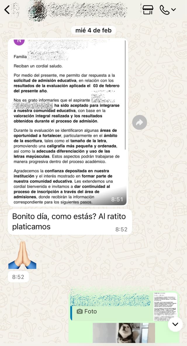 «Fue aceptado para integrarse a la comunidad educativa tras la evaluación de admisión.»
