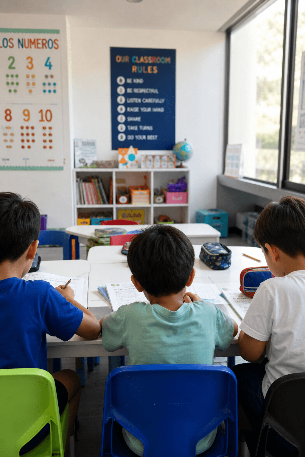 Niños compartiendo una mesa blanca durante una sesión