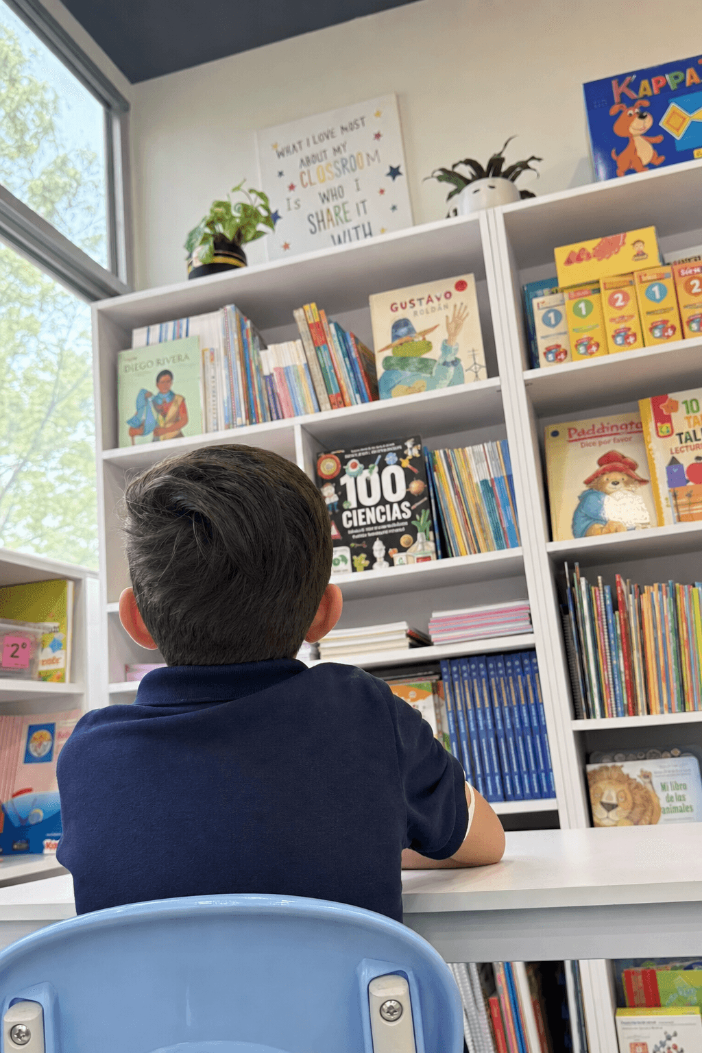 Niño descubriendo una librera llena de libros y materiales educativos